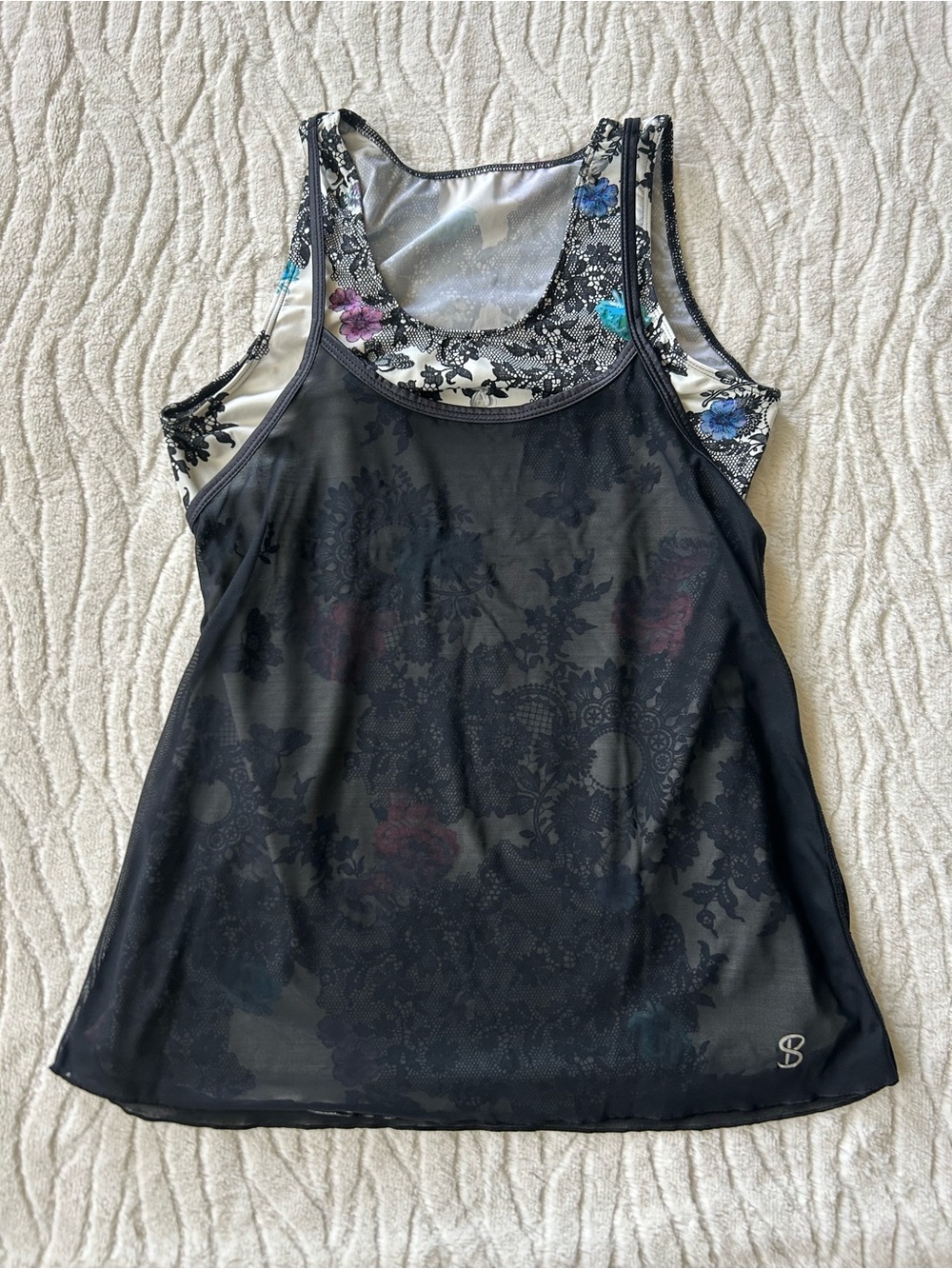 Sofibella Black Mesh Overlay Floral Layered Tank Top Small Tennis Yoga NWOT